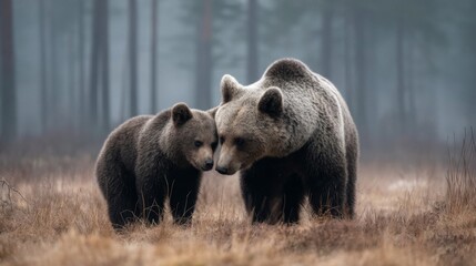 Fototapeta premium Brown Bear and Cub in Misty Forest