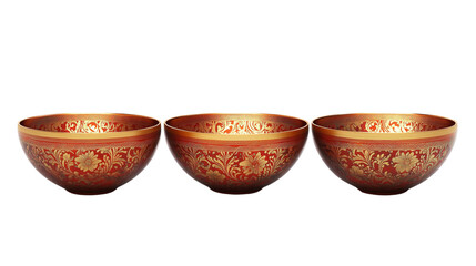 A set of three vermilion gold bowls with intricate floral patterns, symbolizing marital bliss, isolated on a transparent background for wedding decor isolated on a transparent background