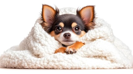 A small, brown and tan Chihuahua puppy snuggles contentedly within a fluffy white blanket, its large, expressive eyes gazing directly at the viewer against a stark white background