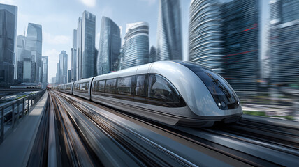 Fototapeta premium High speed monorail glides effortlessly through futuristic cityscape, surrounded by sleek skyscrapers and modern architecture, showcasing innovation and urban development