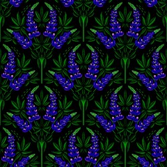 Vibrant Purple Lupine Floral Pattern – Botanical Dark Background Seamless Design