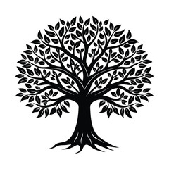 Obraz premium Vector nature illustration of a black tree silhouette with roots and branches, a design symbol of growth.