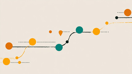 Minimal roadmap with milestones represented by colorful dots and lines, illustrating progress and growth in visually appealing manner. This design evokes sense of direction and achievement