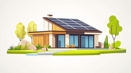 Modern eco house with solar panels and vibrant garden, showcasing sustainable living and contemporary design. This illustration highlights energy efficiency and harmony with nature