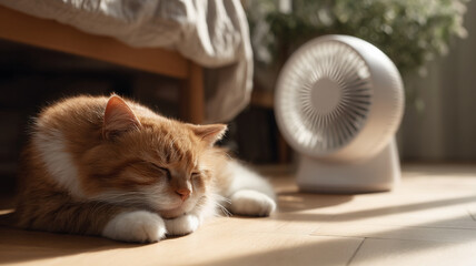 Peaceful pet relaxing next to smart fan in cozy summer setting, enjoying cool breeze and warmth of sun. serene atmosphere creates perfect moment of tranquility