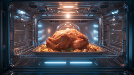 Beautifully roasted chicken is placed in modern oven, surrounded by colorful vegetables, showcasing warm and inviting atmosphere. oven light highlights golden brown skin, creating appetizing scene