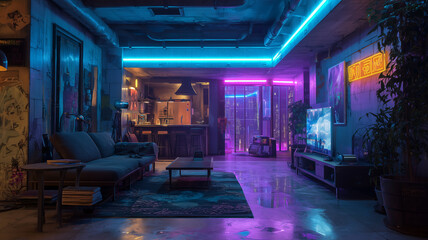 Vibrant and realistic interior of cyberpunk apartment featuring neon lights, modern furniture, and cozy atmosphere. space is illuminated with blue and pink hues, creating futuristic vibe
