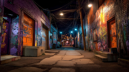 Vibrant urban alley illuminated by colorful graffiti and glowing lights creates captivating nighttime scene. atmosphere is filled with artistic expression and urban charm, inviting exploration