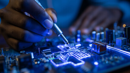 Skilled technician is carefully soldering components on neon lit circuit board, showcasing precision and expertise in electronics repair. vibrant blue glow enhances intricate details of circuit