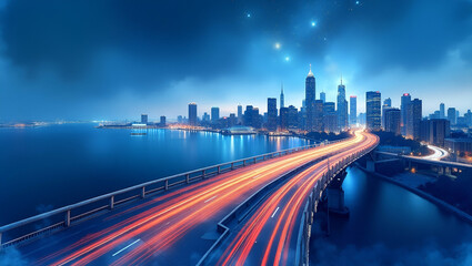 Fototapeta premium Stunning Blue Hour Long Exposure Photography: Capture Starburst Traffic Trails and Illuminated Skyline from Observation Deck - Perfect for Photo Stock