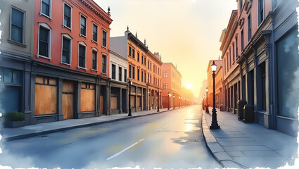 Obraz premium Twilight Exploration: Documenting Abandoned Downtown Blocks and Boarded Storefronts in a Deserted City - Photo Stock Concept for Urban Exploration Enthusiasts