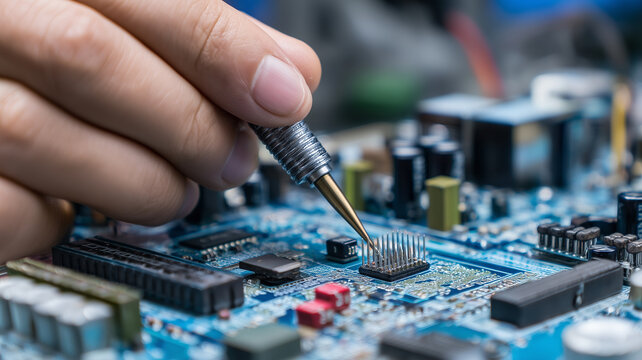 Skilled technician is carefully soldering components circuit board, showcasing precision and attention to detail electronic repair work. intricate design of board highlights complexity of modern