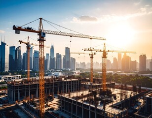 Cityscape construction site at sunset