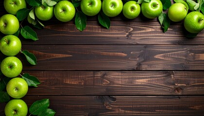 Manzanas verdes frescas y brillantes sobre un fondo oscuro de madera