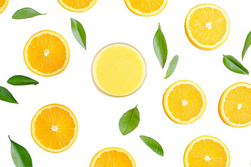 Orange juice with slices and leaves isolated on transparent PNG