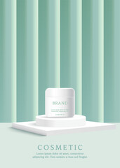 Cosmetics and skin care product ads template on green  background with curtain.