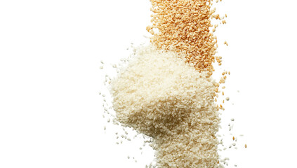 White rice and sesame seeds cascading down isolated on transparent PNG
