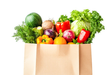 Brown paper bag filled with fresh produce isolated on transparent PNG