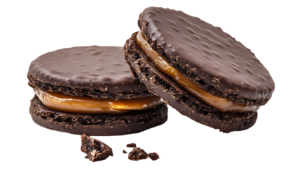 A close up shot of two alfajores with a caramel filling  in a studio setting isolated on transparent background
