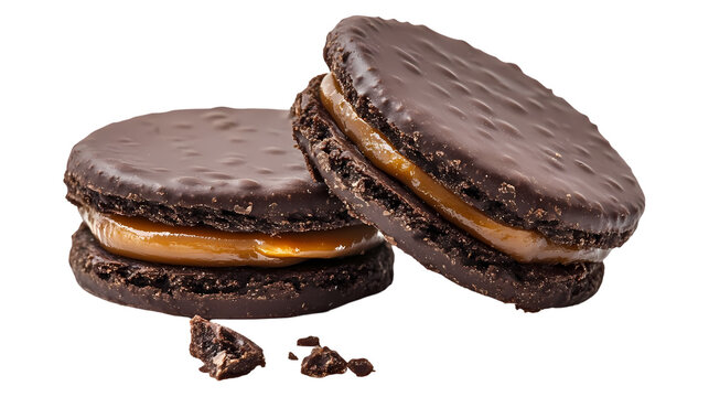A close up shot of two alfajores with a caramel filling  in a studio setting isolated on transparent background