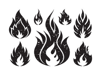 Grunge Fire Flame Silhouette Set - Distressed Vector Burning Icons Collection


