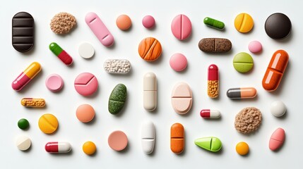 Diverse Assortment of Various Pills Tablets and Capsules for Medication and Health on White Background