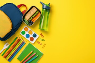 Back to School Essentials: Vivid composition of a colorful, arranged array of stationery, sandwich, and water bottle in a top-down angle, embodying the spirit of the beginning of the academic year.