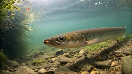 Brook Lamprey in Clear Freshwater Stream Natural View