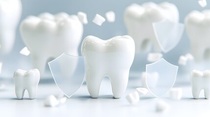 Gleaming white teeth, one prominently shielded, surrounded by smaller teeth and translucent shields against a soft blue backdrop, suggesting dental protection