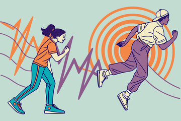 Dynamic Duo Running with Abstract Background Illustration of Fitness and Activity
