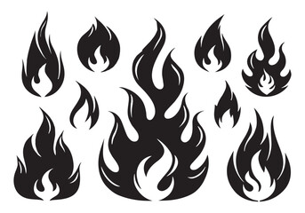 Black Fire Flame Silhouette Set - Bold Vector Burning Icons Collection

