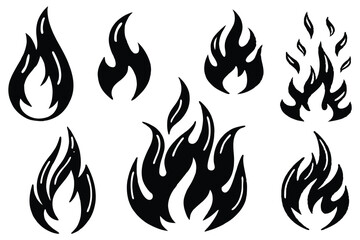 Black Fire Flame Silhouette Set - Bold Vector Burning Icons Collection


