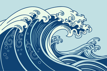 Stylized Ocean Waves Illustration in Blue and White Color Palette