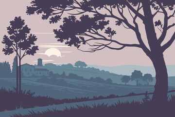 Tranquil Tuscan Landscape with Farmhouse at Sunset in Muted Tones