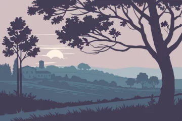 Fototapete Rund Aubergine Tranquil Tuscan Landscape with Farmhouse at Sunset in Muted Tones  © Masho