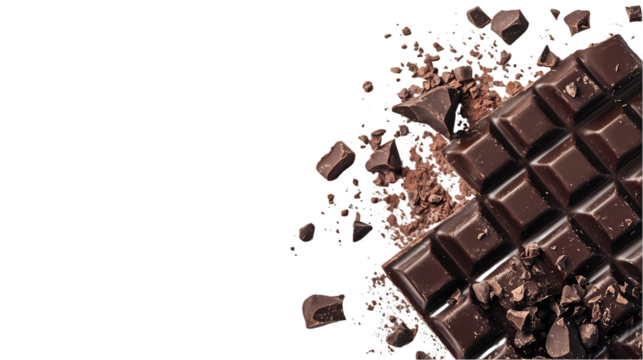A dark chocolate bar with broken pieces and cocoa powder   on the right side isolated on transparent background