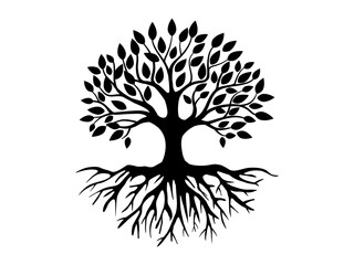 Black Trees and root with leaves look beautiful and refreshing. Tree and roots LOGO style.