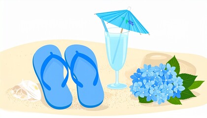 ＜夏＞砂浜とビーチサンダルとジュース＆花