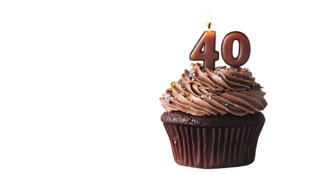 A chocolate cupcake with chocolate frosting and sprinkles with a number forty candle on top lit up isolated on transparent background