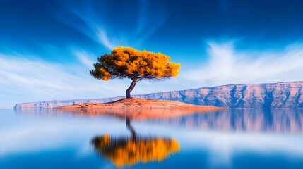 Solitary golden-leaved tree on a small island in calm, reflective water, with mountains in the background under a vibrant blue sky