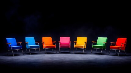 Seven vibrantly colored armchairs arranged in a circle on a dark stage, illuminated by a subtle spotlight, creating a dramatic and mysterious atmosphere
