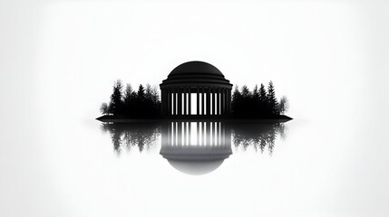 Silhouette of a neoclassical rotunda with a dome, reflected in still water, surrounded by stylized trees against a white background