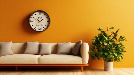 Naklejka premium Modern living room with a large beige sofa, wall clock, vibrant orange wall, and lush green houseplant