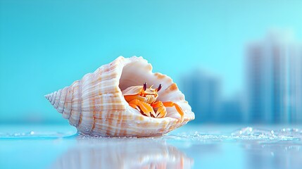 Tiny orange hermit crab nestled inside a large, spiraled seashell, perched on a reflective surface with a blurred cityscape background