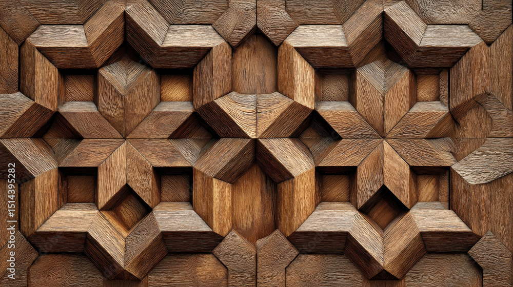 Poster intricate geometric wooden pattern with three-dimensional hexagonal shapes and detailed craftsmanshi
