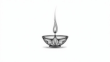 "Minimalist Black and White Vector Illustration of a Traditional Diya Oil Lamp with Decorative Flame, Perfect for Diwali Festival, Hindu Celebrations, Religious Art, and Festive Design Use."