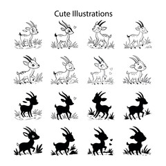 Line Art Gazelle Cartoon, Adorable Outlines and Silhouette on White Background