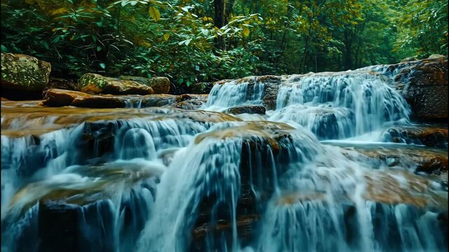 Lush forest waterfall flowing over mossy rocks with rich greenery and soft ambient lighting
