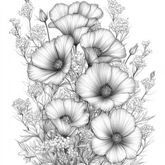 Detailed black and white floral bouquet drawing with intricate details.
