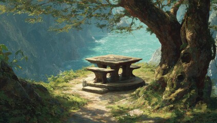 Ancient Stone Structure on a Lush Cliffside Overlooking a Tranquil River Valley